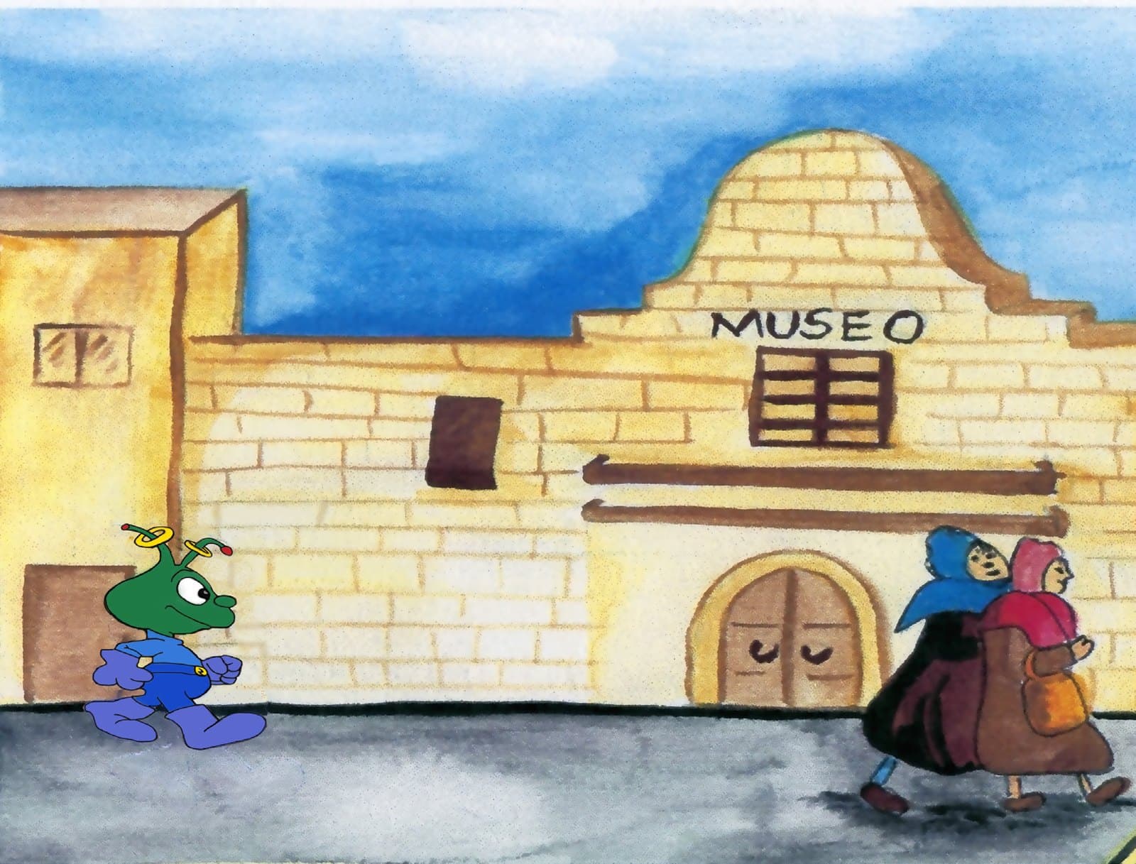 La fachada del Museo de las Maravillas pintada en acuarela: un edificio de cantera con letrero MUSEO, Oric caminando hacia la entrada y dos señoras pasando frente a la puerta.