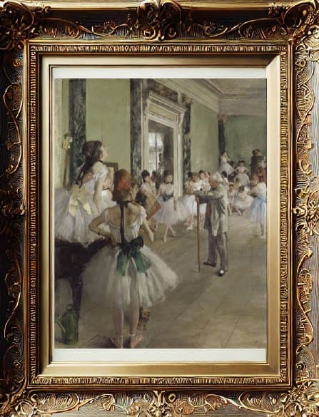La clase de ballet de Edgar Degas: bailarinas con tutús blancos ensayando en un salón de luz suave.