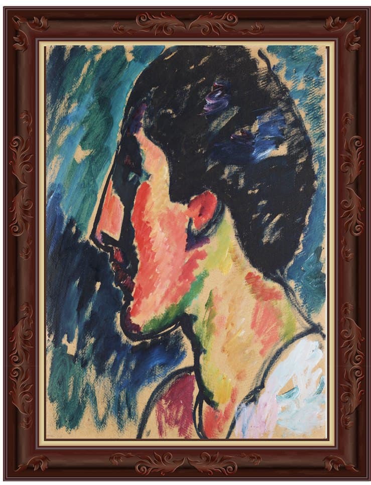 Abstraction de Kandinsky: un perfil humano construido con planos de color rosa, azul y negro.