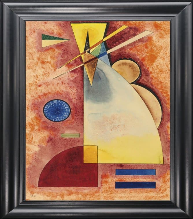 Intermingling de Wassily Kandinsky: figuras geométricas de colores que se cruzan sobre un fondo cálido.